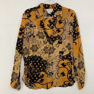 Vintage Tess size Small Black Yellow Floral Artsy Relaxed Pure Silk Button Down